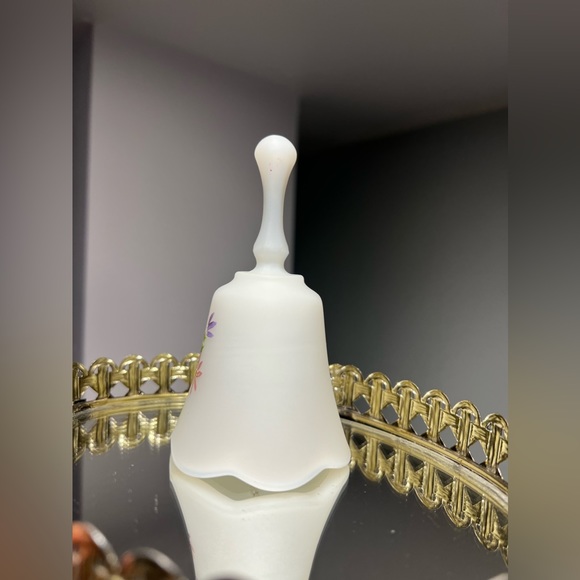 Vintage Fenton White Satin Milk Glass Petite Bell Pink & Purple Flowers 1960s - Picture 2 of 4